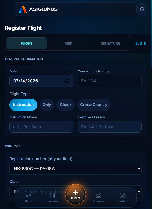 Askronos flight registration form with flight type, aircraft, and instruction details