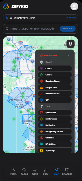 Zefyrio airspace navigation layer with restricted, controlled, and special-use zones