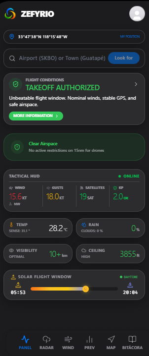 Zefyrio HUD showing takeoff authorized status, wind, satellites, ceiling and the solar flight window for the active flight profile