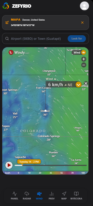 Zefyrio wind layer over a live map, showing gust direction and speed for the selected area